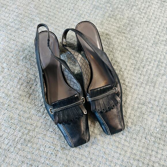 Vintage retro Y2K Black Leather Slingback Square Toe Tassle Kitten Heel 10 - Picture 1 of 7